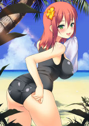 Rule 34 | 1girl, :d, adjusting clothes, adjusting swimsuit, ahoge, alice wishheart, ass, bad id, bad nicoseiga id, beach, black one-piece swimsuit, breasts, day, earrings, flower, green eyes, hair flower, hair ornament, hibiscus, iroha (unyun), jewelry, large breasts, looking at viewer, looking back, magical halloween, one-piece swimsuit, open mouth, outdoors, palm tree, red hair, short hair, smile, solo, swimsuit, towel, tree