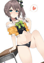 Rule 34 | 1girl, black camisole, black panties, black ribbon, blue eyes, blush, bow, bow panties, breasts, brown hair, camisole, cat hair ornament, closed mouth, collarbone, commentary, crop top, cropped jacket, desk, dutch angle, erubusubori, green bow, hair between eyes, hair ornament, hair ribbon, halterneck, heart, highres, hololive, jacket, knee up, looking at viewer, medium hair, natsuiro matsuri, natsuiro matsuri (1st costume), navel, no pants, off-shoulder jacket, off shoulder, orange jacket, panties, pinstripe camisole, pinstripe pattern, ribbon, school desk, shirt bow, short sleeves, side ponytail, simple background, small breasts, solo, striped, underwear, variant set, virtual youtuber, white background, white bow