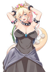 Rule 34 | 1girl, :p, absurdres, armlet, armpits, arms up, black dress, blonde hair, blue eyes, blue gemstone, blush, bowsette, bracelet, breasts, cleavage, collar, crown, dress, earrings, gem, hair between eyes, heart, heart-shaped pupils, highres, horns, jewelry, large breasts, looking at viewer, mario (series), new super mario bros. u deluxe, nintendo, pointy ears, sash, sharp teeth, simple background, solo, spiked bracelet, spiked collar, spiked tail, spikes, strapless, strapless dress, super crown, symbol-shaped pupils, tail, teeth, tonbo, tongue, tongue out, turtle shell, white background