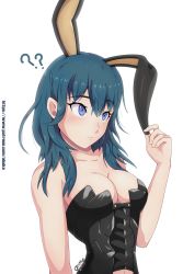 Rule 34 | 1girl, ?, animal ears, artist name, bare arms, bare shoulders, blue eyes, blue hair, blush, breasts, bunny day, bustier, byleth (female) (fire emblem), byleth (fire emblem), cleavage, closed mouth, collarbone, commentary, english commentary, fake animal ears, fire emblem, fire emblem: three houses, highres, long hair, medium breasts, nintendo, obakeart, simple background, solo, upper body, watermark, web address, white background