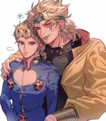 Rule 34 | ..., 2boys, blonde hair, chest cutout, dio brando, earrings, fang, fang out, father and son, giorno giovanna, gold trim, green lips, hand on another&#039;s shoulder, headband, heart, highres, jewelry, jojo no kimyou na bouken, male focus, masanaga (tsukasa), multiple boys, purple eyes, red eyes, school uniform, simple background, spoken ellipsis, spoken heart, stud earrings, upper body, white background