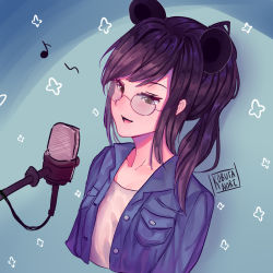 Rule 34 | 1girl, :d, animal ears, artist name, black hair, blue jacket, brown eyes, collarbone, commentary, cropped torso, eighth note, english commentary, glasses, jacket, kobutanori, lilypichu, long hair, microphone, musical note, offlinetv, open clothes, open jacket, open mouth, ponytail, shirt, smile, solo, upper body, white shirt