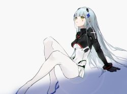 Rule 34 | 1girl, blue hair, bodysuit, breasts, commentary, facial mark, girls&#039; frontline, green eyes, grey hair, hair ornament, high heels, highres, hk416 (girls&#039; frontline), hk416 (midnight evangelion) (girls&#039; frontline), light blue hair, long hair, looking up, official alternate costume, parted lips, simple background, sitting, smile (mm-l), solo, symbol-only commentary, teardrop facial mark, teardrop tattoo