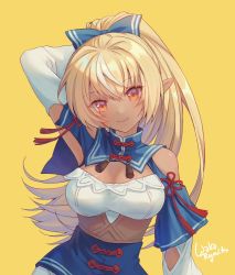 Rule 34 | 1girl, arm behind head, artist name, blonde hair, blue bow, bow, breasts, cleavage, dark-skinned female, dark skin, hair bow, hololive, long hair, looking at viewer, medium breasts, orange eyes, pointy ears, ponytail, shiranui flare, shiranui flare (old design), simple background, smile, solo, virtual youtuber, waka ryou, yellow background
