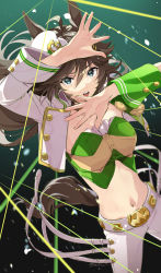 Rule 34 | 1girl, ahoge, animal ears, arms up, bandeau, belt, breasts, brown hair, commentary request, cropped jacket, green shirt, hair between eyes, hands up, hat, highres, horse ears, horse girl, horse tail, jacket, long hair, long sleeves, looking at viewer, medium breasts, midriff, mini hat, mini top hat, misu kasumi, mr. c.b. (umamusume), navel, open mouth, pants, shirt, single sleeve, solo, stomach, strapless, strapless shirt, tail, teeth, top hat, twitter username, umamusume, upper teeth only, white hat, white jacket, white pants, wristband
