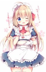 Rule 34 | 1girl, ;d, ahoge, alternate costume, apron, ascot, azumi kazuki, blue dress, blue eyes, blush, bowl, breasts, cleavage, collar, commentary request, detached collar, dress, enmaided, floral background, food, food on face, frilled apron, frills, gloves, hair between eyes, holding, holding bowl, light brown hair, long hair, maid, maid headdress, medium breasts, mixing bowl, one eye closed, open mouth, pecorine (princess connect!), pleated dress, princess connect!, puffy short sleeves, puffy sleeves, red ascot, short sleeves, smile, solo, thighhighs, translation request, very long hair, waist apron, whisk, white apron, white background, white collar, white gloves, white thighhighs, wing collar
