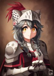 Rule 34 | 1girl, :3, animal ears helmet, armor, artist name, banned artist, blush, braid, breastplate, brown background, commentary request, feathers, gauntlets, grey hair, hair between eyes, helmet, highres, kinkaikii, long hair, original, own hands together, pauldrons, paw print, plume, red feathers, shoulder armor, solo, tabard, twin braids, yellow eyes