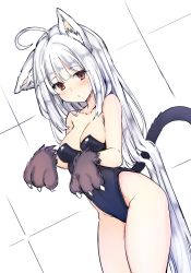 Rule 34 | 1girl, absurdres, ahoge, animal ears, bare shoulders, blush, breasts, cleavage, collarbone, eyebrows, highres, kittysuit, leotard, long hair, looking at viewer, medium breasts, nontraditional playboy bunny, original, parted lips, playboy bunny, red eyes, simple background, sleeveless, solo, standing, tail, tatsuhiko, very long hair, white hair