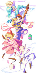 Rule 34 | 1girl, 3boys, absurdres, backpack, bag, baseball bat, baseball cap, blonde hair, blue eyes, blue jacket, blue pants, blue shorts, book, bow, braid, brown eyes, brown footwear, brown hair, commentary, crossed arms, doseisan, dougi, dress, dual wielding, energy gun, fighting stance, freckles, frying pan, glasses, gtcockroach, gun, hair bow, hat, highres, holding, holding baseball bat, holding frying pan, holding gun, holding weapon, jacket, jeff andonuts, long hair, map, mother (game), mother 2, multiple boys, ness (mother 2), nintendo, open mouth, pants, paula (mother 2), pink dress, poo (mother 2), ray gun, red bow, red footwear, red headwear, shirt, short hair, short sleeves, shorts, simple background, single braid, striped clothes, striped shirt, weapon, white background