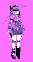 Rule 34 | 1girl, android, blue eyes, breasts, covered erect nipples, female focus, hat, highres, motoroid pinkle (polynian), no humans, no mouth, pink background, pinkle (polynian), pochincoff, pussy, robot neoanthropinae polynian, simple background, solo