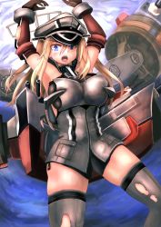 Rule 34 | 10s, 1girl, bad id, bad pixiv id, bismarck (kancolle), bismarck kai (kancolle), blonde hair, blue eyes, blush, cannon, grey thighhighs, hat, highres, kantai collection, long hair, military, military hat, military uniform, open mouth, personification, solo, takahashi rodemu, thighhighs, torn clothes, turret, uniform, weapon