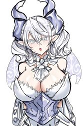 Rule 34 | 1girl, breasts, cleavage, demon girl, demon horns, demon wings, dress, duel monster, gloves, grey eyes, highres, horns, large breasts, looking at viewer, lovely labrynth of the silver castle, low wings, pointy ears, solo, synchroman, twintails, white hair, white horns, wings, yu-gi-oh!