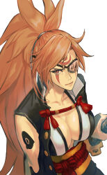 Rule 34 | 1girl, absurdres, baiken, big hair, black jacket, black kimono, breasts, cleavage, eyepatch, facial tattoo, guilty gear, guilty gear xrd, highres, hitsuji kusa, jacket, jacket on shoulders, japanese clothes, kataginu, katana, kimono, large breasts, long hair, looking at viewer, multicolored clothes, multicolored kimono, one-eyed, open clothes, open kimono, pink hair, ponytail, red eyes, samurai, scar, scar across eye, scar on face, sword, tattoo, weapon, white kimono