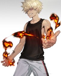 Rule 34 | 1boy, bad id, bad pixiv id, bakugou katsuki, black tank top, blonde hair, boku no hero academia, clenched teeth, fire, gradient background, grey background, highres, looking at viewer, male focus, morry, red eyes, short hair, signature, sleeveless, solo, tank top, teeth