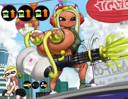 Rule 34 | 2girls, absurdres, alternate breast size, ass, breast envy, breasts, cleavage, collarbone, curvy, full body, green eyes, green hair, greyimpaction, highres, huge breasts, ink, inkling player character, lactation, large areolae, mask, milking machine, multiple girls, navel, nintendo, nipples, octoling player character, pointy ears, short hair, smile, splatoon (series), splatoon 2, symbol-shaped pupils, teeth, tentacle hair, thighs, topless, uncensored, wide hips