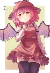 Rule 34 | 1girl, animal ears, ar (maeus), bird ears, bird wings, black thighhighs, blush, breasts, brown dress, brown hat, closed mouth, collared shirt, cowboy shot, dress, eighth note, frilled dress, frills, hat, long sleeves, looking at viewer, medium breasts, musical note, mystia lorelei, pink hair, purple wings, shirt, short hair, sleeve garter, smile, solo, thighhighs, touhou, white shirt, winged hat, wings, yellow eyes