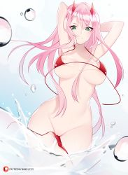 Rule 34 | 10s, 1girl, aqua eyes, arms up, bikini, breasts, cleft of venus, closed mouth, darling in the franxx, dutch angle, eyeshadow, horns, large breasts, long hair, looking at viewer, makeup, nanoless, navel, pink hair, pussy, red bikini, shiny skin, solo, standing, straight hair, swimsuit, uncensored, wardrobe malfunction, water, wet, zero two (darling in the franxx)