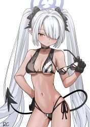 Rule 34 | 1girl, :/, bare arms, bare shoulders, bikini, black bikini, black bow, black choker, black gloves, blue archive, blush, bow, breasts, choker, closed mouth, contrapposto, cowboy shot, dark-skinned female, dark skin, demon tail, expressionless, glasses, gloves, hair bow, hair over one eye, half-closed eye, halo, hand on own hip, hand up, highres, holding, holding glasses, iori (blue archive), long hair, looking at viewer, medium breasts, multi-strapped bikini bottom, navel, one eye covered, pendant choker, pointy ears, rc (rcrc151), red eyes, side-tie bikini bottom, simple background, solo, standing, straight hair, string bikini, sunglasses removed, swimsuit, tail, twintails, very long hair, white background, white hair