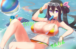 Rule 34 | 1girl, afloat, ariane cevaille (silo9), ball, beachball, bikini, black hair, borrowed character, bracelet, breasts, cleavage, drink, floating, food, hair between eyes, huge breasts, innertube, jewelry, long hair, looking at viewer, magister, mouth hold, original, popsicle, purple hair, sidelocks, solo, strap gap, sunglasses, sunglasses on head, swim ring, swimsuit, thighs, twintails, water
