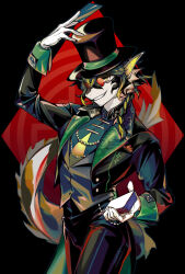 Rule 34 | 1boy, arknights, black background, black hair, card, commentary, cowboy shot, deck of cards, diamond (shape), fins, fish boy, fish tail, formal, furry, furry male, green ribbon, green suit, hat, hat ribbon, head fins, highres, holding, holding card, ieiieiiei, lee (arknights), lee (trust your eyes) (arknights), looking to the side, male focus, muzzle, official alternate costume, red-tinted eyewear, red background, red hair, ribbon, simple background, slit pupils, smile, solo, suit, tail, tinted eyewear, top hat, yellow eyes