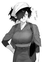 Rule 34 | 1girl, annoyed, apron, breasts, carrying, carrying under arm, chago (aruchagos7180), character request, check character, clenched teeth, fate (series), genderswap, genderswap (mtf), greyscale, hair over one eye, hand on own hip, headdress, highres, holding, holding tray, japanese clothes, kimono, large breasts, layered sleeves, long sleeves, looking at viewer, monochrome, okada izou (fate), one eye covered, ponytail, simple background, solo, sweat, tasuki, teeth, tray, waist apron, waitress