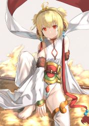 Rule 34 | 1girl, andira (granblue fantasy), animal ears, barefoot, blonde hair, closed mouth, commentary request, detached pants, detached sleeves, dress, earrings, fur trim, granblue fantasy, jewelry, knee up, leotard, looking at viewer, monkey ears, red eyes, revision, sash, short hair, sitting, smile, solo, thighhighs, thighs, toenails, wasabi60, white dress, white leotard