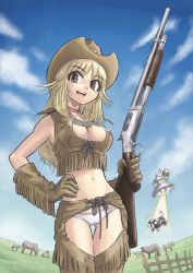 Rule 34 | 1girl, abduction, alien, blonde hair, breasts, brown eyes, chaps, choker, cleavage, cloud, cow, cowboy hat, cowboy shot, cowboy western, day, evil grin, evil smile, fisheye, flying saucer, fringe trim, front-tie top, gloves, grin, gun, hand on own hip, happy, hat, holding, holding gun, holding weapon, jewelry, kurayami joe, large breasts, left-handed, long hair, looking at viewer, midriff, navel, necklace, no pants, open mouth, original, outdoors, panties, pump action, rifle, scared, shotgun, sky, smile, solo, solo focus, spacecraft, thigh gap, thighhighs, trigger discipline, ufo, underwear, weapon, white panties, winchester model 1897