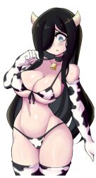 Rule 34 | 1girl, :o, animal ears, animal print, aria wintermint, asymmetrical breasts, belt, bikini, black hair, blush, breasts, choker, collarbone, contrapposto, cow ears, cow print, cowboy shot, crop top, curvy, elbow gloves, embarrassed, fake horns, gloves, goth fashion, hair ornament, hair over one eye, highres, horns, large breasts, long hair, lucyfer, micro bikini, navel, open mouth, shiny skin, side-tie bikini bottom, single bare shoulder, solo, stomach, striped sleeves, swimsuit, the crawling city, thick thighs, thighhighs, thighs, thong, thong bikini, torn clothes, torn thighhighs, two-tone sleeves, very long hair, white background, wide hips