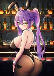 Rule 34 | 1girl, alcohol, alternate breast size, animal ears, ass, azusa010318, backless leotard, bare arms, bare back, bare shoulders, black leotard, black pantyhose, breasts, commentary request, counter, cowboy shot, demon tail, dot mouth, dot nose, ear piercing, earrings, fake animal ears, from behind, green eyes, hair between eyes, hair ornament, hairclip, highleg, highleg leotard, highres, hololive, huge ass, indoors, jewelry, large breasts, leotard, liquor, long hair, looking at viewer, looking back, no bra, pantyhose, piercing, playboy bunny, purple hair, sideboob, signature, solo, strapless, strapless leotard, tail, tokoyami towa, twintails, virtual youtuber, wrist cuffs