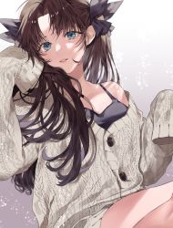 Rule 34 | 1girl, alternate costume, aran sweater, black dress, black hair, black ribbon, blue eyes, buttons, cable knit, collarbone, commentary, dress, eyelashes, fate/stay night, fate (series), hair ribbon, head tilt, highres, lips, long hair, long sleeves, looking at viewer, parted bangs, parted lips, pink lips, ribbon, shimatori (sanyyyy), single bare shoulder, sitting, sleeveless, sleeveless dress, sleeves past fingers, sleeves past wrists, solo, sweater, symbol-only commentary, teeth, thighs, tohsaka rin, two side up, very long hair, white sweater