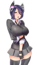 Rule 34 | 10s, 1girl, absurdres, black thighhighs, blush, breast hold, breasts, cardigan, cowboy shot, eyepatch, female focus, fingerless gloves, gloves, headgear, highres, impossible clothes, kantai collection, large breasts, looking at viewer, necktie, purple hair, short hair, simple background, skirt, solo, tenryuu (kancolle), thighhighs, tori kaku, white background, yellow eyes