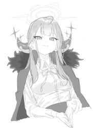 Rule 34 | 1girl, ahoge, aru (blue archive), blue archive, blush, closed mouth, coat, coat on shoulders, grey background, greyscale, halo, highres, horns, kona ming, long hair, looking at viewer, monochrome, own hands together, ribbon, simple background, sketch, slit pupils, smile, solo, sparkle