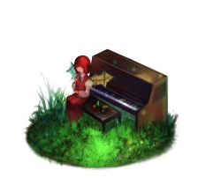 Rule 34 | 1girl, absurdres, bird, bird on hand, bird wings, brooch, dress, faux figurine, from above, grass, highres, instrument, jewelry, juliet sleeves, kotton, long sleeves, looking at viewer, mystia lorelei, negative space, no headwear, parted lips, piano, piano bench, puffy sleeves, red eyes, red hair, short hair, simple background, solo, touhou, white background, wings