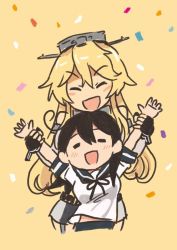 Rule 34 | 10s, 2girls, ahoge, armband, arms up, closed eyes, collar, commentary request, confetti, fingerless gloves, garter straps, gloves, hands on another&#039;s wrists, hat, holding another&#039;s wrist, iowa (kancolle), kantai collection, long hair, miniskirt, multiple girls, open mouth, saiguchi otoufu, school uniform, serafuku, sketch, skirt, smile, translation request, ushio (kancolle)