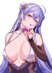 Rule 34 | 1girl, bare shoulders, breasts, choker, cleavage, collarbone, destiny child, earrings, elbow gloves, flower, gloves, hair bun, hair ornament, hairpin, highres, holding, holding flower, jewelry, large breasts, looking at viewer, single hair bun, theophano (destiny child), white background