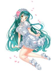 Rule 34 | 1girl, :d, arm support, dress, flower, frills, full body, green eyes, green hair, hair flower, hair ornament, hairband, highres, kneeling, lolita fashion, long hair, mary janes, matching hair/eyes, moyon, open mouth, petals, puffy sleeves, shoes, smile, solo, touhoku zunko, transparent background, very long hair, vocaloid, voiceroid, yellow eyes
