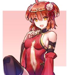 Rule 34 | 1girl, :d, china dress, chinese clothes, circlet, clothing cutout, detached sleeves, dress, fate/grand order, fate (series), fujimaru ritsuka (female), fujimaru ritsuka (female) (the three great heroes), navel, navel cutout, official alternate costume, open mouth, red hair, smile, solo, thighhighs, two side up, yellow eyes, yurizuka (sergeant heart)