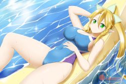 Rule 34 | 1girl, arm up, bare shoulders, blonde hair, blue one-piece swimsuit, blush, braid, breasts, cleavage, closed mouth, competition swimsuit, covered erect nipples, covered navel, dutch angle, elf, green eyes, hair between eyes, inflatable raft, kimmy77, large breasts, leafa, long hair, looking at viewer, lying, on back, one-piece swimsuit, pointy ears, ponytail, shiny skin, side braid, smile, solo, swimsuit, sword art online, taut clothes, taut swimsuit, twin braids, very long hair, water, wet