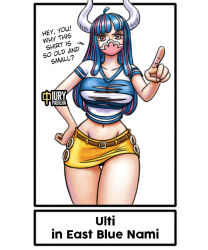 Rule 34 | 1girl, blue hair, breasts, cleavage, cosplay, east blue, english text, groin, horns, iury padilha, large breasts, long hair, mask, midriff, miniskirt, multicolored hair, nami (one piece), nami (one piece) (cosplay), navel, one piece, pink eyes, pink hair, skirt, thighs, torn clothes, ulti (one piece), wide hips