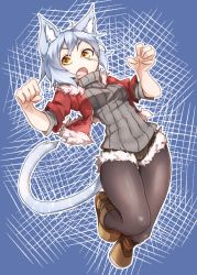 Rule 34 | &gt;:o, 1girl, :o, animal ears, black pantyhose, blue hair, blush, boots, breasts, cat ears, cat tail, claw pose, highres, jacket, jumping, pantyhose under shorts, looking at viewer, open mouth, orange eyes, original, pantyhose, ribbed sweater, round teeth, ryota tentei, scar, scratches, short hair, short shorts, shorts, small breasts, solo, sweater, tail, teeth, tora tentei, turtleneck, v-shaped eyebrows