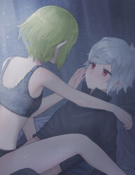 Rule 34 | 1boy, 1girl, bell cranel, black bra, black panties, bra, breasts, closed mouth, commentary, dungeon ni deai wo motomeru no wa machigatteiru darou ka, elf, girl on top, green hair, hetero, highres, lace, lace-trimmed bra, lace trim, looking at another, niceumeboshi, panties, pointy ears, red eyes, ryu lion, shiny skin, short hair, small breasts, underwear, white hair