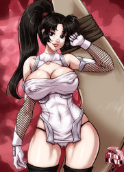 Rule 34 | 1girl, 7th-heaven, alternate breast size, bare shoulders, black eyes, black hair, boomerang, breasts, cleavage, cosplay, curvy, dress, gloves, high ponytail, highres, hime cut, holding, holding weapon, inuyasha, large breasts, lips, long hair, looking at viewer, micro panties, oversized clothes, panties, pelvic curtain, sango (inuyasha), shiny clothes, shiny skin, short dress, smile, solo, standing, taimanin (series), taimanin asagi, thong, underwear, very long hair, weapon, yatsu murasaki, yatsu murasaki (cosplay)