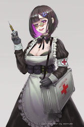 Rule 34 | 1girl, absurdres, apron, armband, artist name, black dress, black gloves, black ribbon, breast tattoo, breasts, carrying bag, choker, cleavage, colored inner hair, cross, dress, english text, fangs, first aid kit, french text, frilled apron, frills, glasses, gloves, hair ornament, hairclip, highres, holding, holding syringe, hourglass, large breasts, long sleeves, looking over eyewear, maid, maid apron, medic, multicolored hair, neck ribbon, open mouth, original, pouch, purple eyes, red cross, ribbon, round eyewear, seductive smile, short hair, simple background, sleeve cuffs, smile, solo, somnuss, syringe, tattoo, teeth, tinted eyewear, two-tone hair, upper teeth only, white apron, white armband, white bag, yellow-framed eyewear