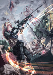 Rule 34 | 1girl, acog, aiming, aoi kujira, battlefield (series), battlefield 3, blonde hair, blood, bolt action, boots, bullet hole, debris, explosive, fingerless gloves, flag, flagpole, gloves, grenade, gun, headset, knee pads, load bearing vest, long hair, military, military uniform, rifle, russian flag, scarf, smoke, sniper rifle, sniping, solo, sv-98, uniform, weapon, yellow eyes
