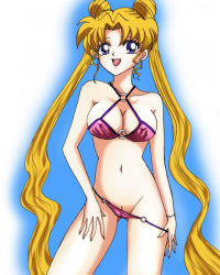 Rule 34 | 1990s (style), 1girl, bikini, bikini pull, bishoujo senshi sailor moon, blonde hair, breasts, cleavage, clothes pull, covered erect nipples, cowboy shot, double bun, female focus, large breasts, long hair, navel, pussy, pussy peek, retro artstyle, solo, swimsuit, tsukino usagi, twintails, undressing, very long hair