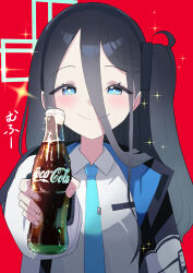 Rule 34 | 1girl, absurdres, aqua necktie, aris (blue archive), black hair, blue archive, blush, bottle, coca-cola, food focus, foreshortening, hair between eyes, halo, highres, holding, holding bottle, incoming food, jacket, long hair between eyes, looking at viewer, mukuro669966, necktie, one side up, open clothes, open jacket, red background, shirt, simple background, smile, soda, solo, sparkle, two-sided fabric, two-sided jacket, upper body, white shirt