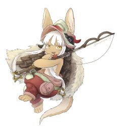 Rule 34 | 1other, ambiguous gender, animal ears, artist name, bad id, bad pixiv id, blush, fishing rod, full body, furry, highres, holding, holding fishing rod, kawasemi27, long hair, looking at another, made in abyss, nanachi (made in abyss), parted lips, plank, smile, twitter username, white hair, yellow eyes
