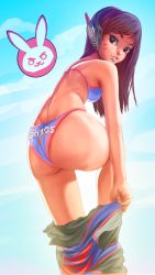Rule 34 | 1girl, alberto moldes, ass, bikini, blue bikini, blue sky, bodysuit, breasts, brown eyes, brown hair, clothes writing, cowboy shot, d.va (overwatch), day, doritos, emblem, facial mark, from behind, headphones, leaning forward, long hair, looking at viewer, looking back, medium breasts, outdoors, overwatch, overwatch 1, parted lips, pilot suit, product placement, sky, smile, solo, swept bangs, swimsuit, undressing, whisker markings