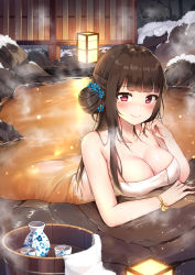 Rule 34 | 1girl, arched back, arm support, ass, bathing, blunt bangs, blush, breast rest, breasts, brown hair, bucket, choko (cup), cleavage, closed mouth, collarbone, cup, douya (233), fence, floral print, flower, hair bun, hair flower, hair ornament, lantern, large breasts, leaning forward, long hair, looking at viewer, naked towel, onsen, outdoors, partially submerged, pink eyes, reflection, ribbon, rock, side bun, single side bun, smile, snow, solo, steam, tokkuri, towel, warship girls r, water, wet towel, winter, wooden bucket, wrist ribbon, yat sen (warship girls r), yellow ribbon