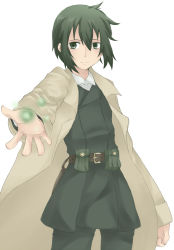 Rule 34 | 00s, 1girl, androgynous, artist request, belt, black eyes, black hair, glowing, highres, holster, kino (kino no tabi), kino no tabi, long coat, looking at viewer, pouch bag, short hair, simple background, solo, tagme, white background